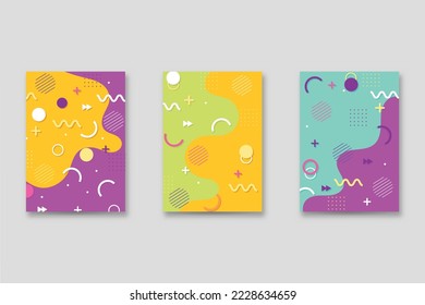 Set of neo-Memphis style covers. Collection of cool bright covers. Abstract shapes compositions. Vector.