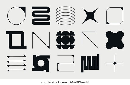 Set of neomodern geometric shapes. Brutalism, futuristic, memphis pattern background . Collection of black brutalism, geometric abstract shapes. Modern design for cards, invitation, branding, banner