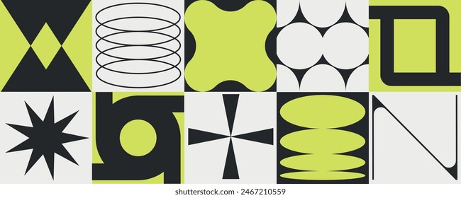 Set of neomodern geometric shapes. Brutalism, futuristic, memphis pattern background . Collection of black brutalism, geometric abstract shapes. Modern design for cards, invitation, branding, banner