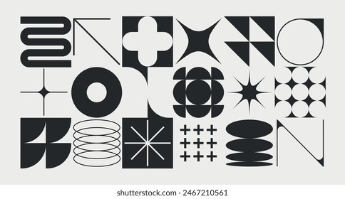 Set of neomodern geometric shapes. Brutalism, futuristic, memphis pattern background . Collection of black brutalism, geometric abstract shapes. Modern design for cards, invitation, branding, banner