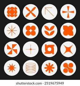 Set of neomodern geometric stickers, stamps in circle shapes. Brutalism, futuristic, memphis pattern background. Modern design for cards, invitation, branding, banner