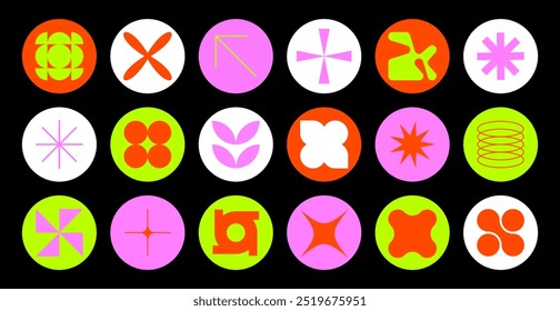 Set of neomodern geometric stickers, stamps in circle shapes. Brutalism, futuristic, memphis pattern background. Modern design for cards, invitation, branding, banner