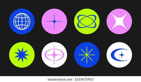 Set of neomodern geometric stickers, stamps in circle shapes. Brutalism, futuristic, memphis pattern background. Modern design for cards, invitation, branding, banner