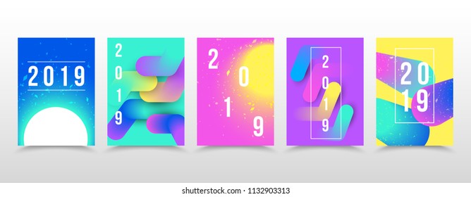 Set of neon 2019 page template for calendar cover design, annual report, banner, poster or flyer. Vector Illustration EPS 10