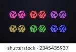 A set of neon 3d poker dice icons in colors: red, green, yellow, pink, purple and blue on a dark background. A concept for a casino.