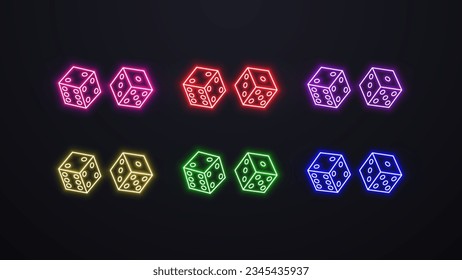 A set of neon 3d poker dice icons in colors: red, green, yellow, pink, purple and blue on a dark background. A concept for a casino.