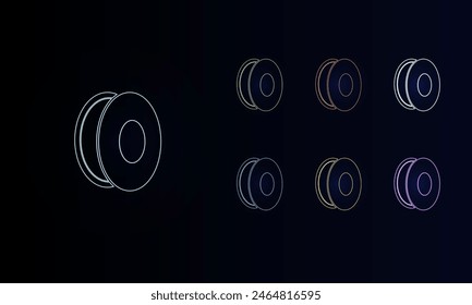 A set of neon 3D printing filament symbols. Set of different color symbols, faint neon glow. Vector illustration on black background
