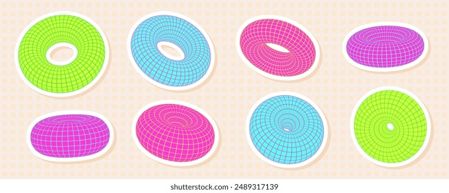 Set of neon 3D torus shapes with grid and wireframe mesh patterns. Abstract and futuristic y2k donut sticker style, with vibrant and psychedelic cyberpunk elements.