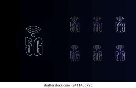 A set of neon 5G symbols. Set of different color symbols, faint neon glow. Vector illustration on black background