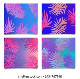 Set of neon 80s-90s trendy vaporwave posters with colorful pattern of palm leaves.