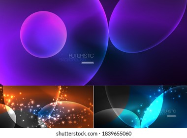 Set of neon abstract backgrounds. Shiny bright glowing ellipses in the dark. Vector futuristic illustrations for covers, banners, flyers and posters and other
