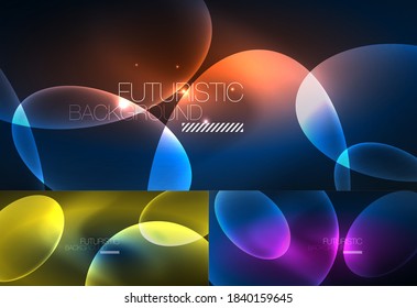 Set of neon abstract backgrounds. Shiny bright glowing ellipses in the dark. Vector futuristic illustrations for covers, banners, flyers and posters and other
