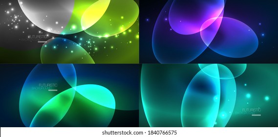 Set of neon abstract backgrounds. Shiny bright glowing ellipses in the dark. Vector futuristic illustrations for covers, banners, flyers and posters and other