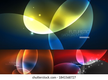 Set of neon abstract backgrounds. Shiny bright glowing ellipses in the dark. Vector futuristic illustrations for covers, banners, flyers and posters and other