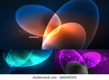 Set of neon abstract backgrounds. Shiny bright glowing ellipses in the dark. Vector futuristic illustrations for covers, banners, flyers and posters and other