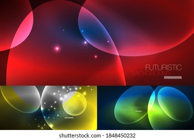 Set of neon abstract backgrounds. Shiny bright glowing ellipses in the dark. Vector futuristic illustrations for covers, banners, flyers and posters and other