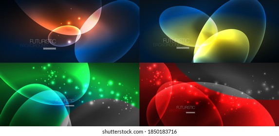 Set of neon abstract backgrounds. Shiny bright glowing ellipses in the dark. Vector futuristic illustrations for covers, banners, flyers and posters and other