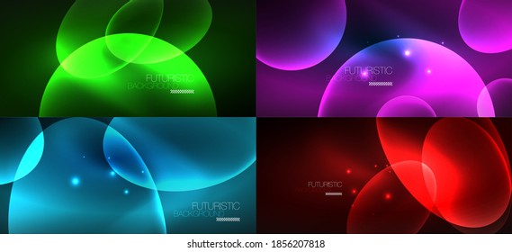 Set of neon abstract backgrounds. Shiny bright glowing ellipses in the dark. Vector futuristic illustrations for covers, banners, flyers and posters and other