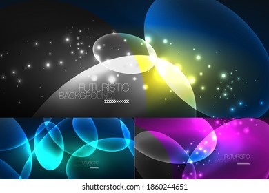 Set of neon abstract backgrounds. Shiny bright glowing ellipses in the dark. Vector futuristic illustrations for covers, banners, flyers and posters and other