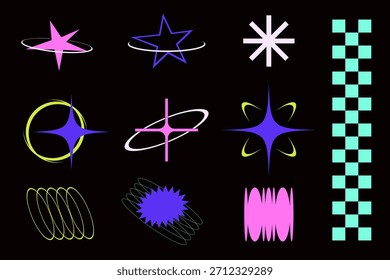 Set of neon abstract elements in futuristic Y2k style. The set includes glowing dynamic futuristic shapes. Vector illustration.
