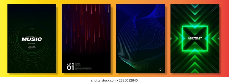 Conjunto de plantillas de afiches de resumen de Neon. Futuros fondos cibernéticos. Líneas brillantes, formas de neón, formas abstractas, líneas de velocidad de flecha geométrica. Coloridos afiches tecnológicos. Ilustración vectorial.