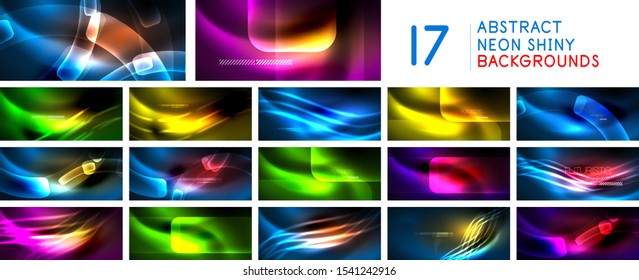 Set of neon abstract waves backgrounds. Shiny lights on bright colors with design elements. Futuristic or technology templates illustration, hi-tech concepts