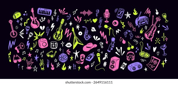 Conjunto de neon acid mão desenhada doodle dance club, karaoke, rave party, rock e punk concerto ícones. fundo de música estilo retro dos anos 90. Adesivos engraçados e engraçados. Cartaz brincalhão da cultura pop