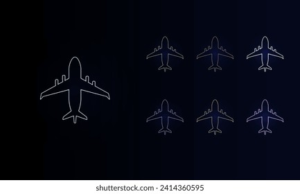 A set of neon airplane symbols. Set of different color symbols, faint neon glow. Vector illustration on black background