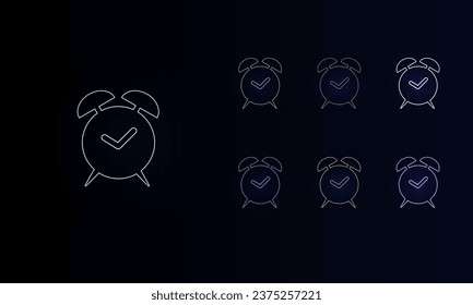 A set of neon alarm clock symbols. Set of different color symbols, faint neon glow. Vector illustration on black background