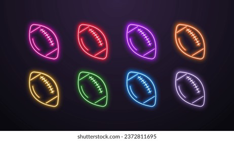 A set of neon American ball icons in the colors white, orange, yellow, green, red, purple, blue and pink on a dark background. A concept for sports.