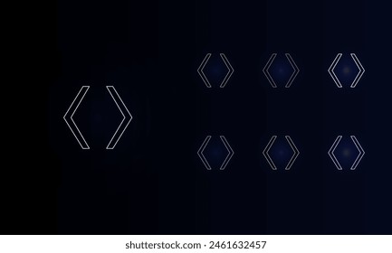 A set of neon angle brackets symbols. Set of different color symbols, faint neon glow. Vector illustration on black background