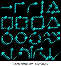 Set of neon arrows. Blue isolated on black background. Vector illustration.