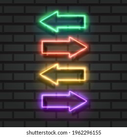 Set of Neon arrows in bright colors on a brick wall. Vector Illustration