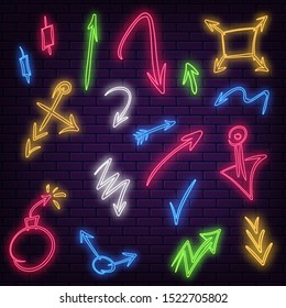 Set of neon arrows of different colors on a dark brick wall background. Vector illustration EPS 10.