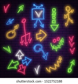 Set of neon arrows of different colors on a dark brick wall background. Vector illustration EPS 10.