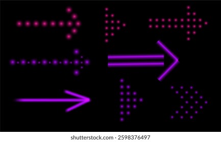 set of neon arrows of different shapes on a black background