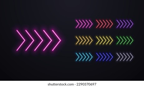 A set of neon arrows. Modern contour luminous pointer.