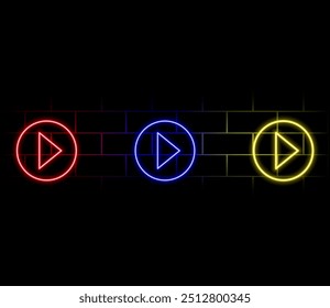 A set of neon arrows and pointers of different colors on the background of the wall..