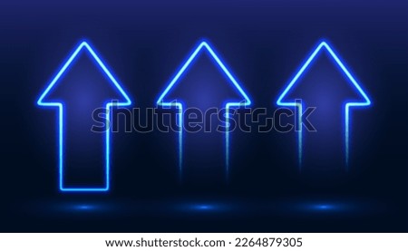A set of neon arrows with shining effects, highlights on a dark blue background. Futuristic modern neon glowing frame. Vector illustration.
