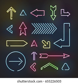 Set of neon arrows, vector illustration on black background