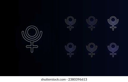 Eine Reihe von neonastrologischen Pluto-Symbolen. Satz verschiedener Farbsymbole, schwaches Neonglühen. Vektorgrafik auf schwarzem Hintergrund