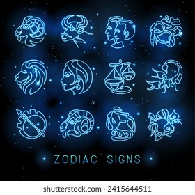 Set of neon astrology zodiac signs on outer space background. Set of Zodiac icons. Vector illustration