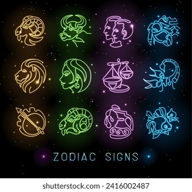 Set of neon astrology zodiac signs on outer space background. Set of Zodiac icons. Vector illustration