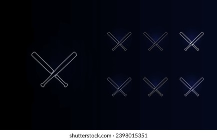A set of neon baseball bats symbols. Set of different color symbols, faint neon glow. Vector illustration on black background