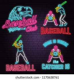 Set of Neon Baseball club badges. Vector. Concept for shirt or logo, print, stamp or tee. Neon style design with golden eagle and baseball club text silhouette. Night bright advertisement