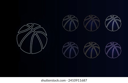 A set of neon basketball symbols. Set of different color symbols, faint neon glow. Vector illustration on black background