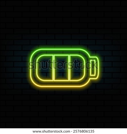 Set of neon battery icon. Charger glowing signal. Low and full battery vector symbol..