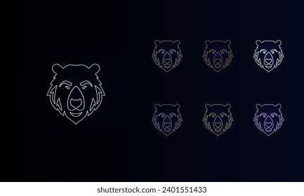 Un conjunto de íconos de cabeza de oso neón. Conjunto de símbolos de color diferentes, brillo de neón débil. Ilustración del vector sobre fondo negro