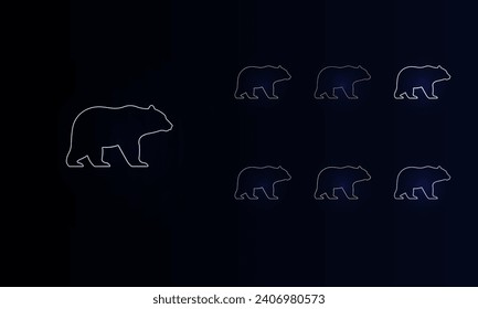 A set of neon bear symbols. Set of different color symbols, faint neon glow. Vector illustration on black background