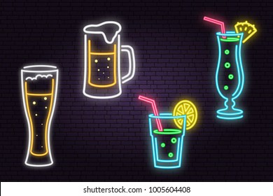 Set of neon Beer and Cocktail sign on brick wall background. Vector illustration. Design for bar, pub and restaurant business.